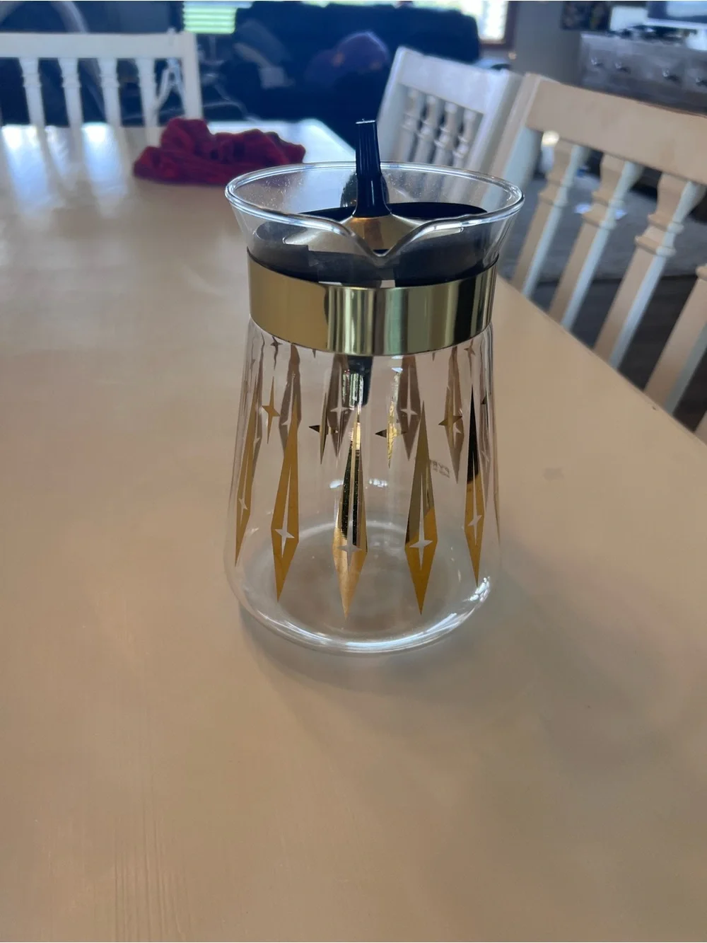 Pyrex Clear Glass Coffee Carafe with Gold Starburst Pattern and Black Handle